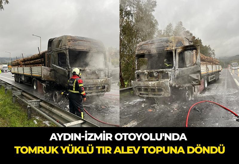 Aydın-İzmir Otoyolu'nda tomruk yüklü tır alev topuna döndü
