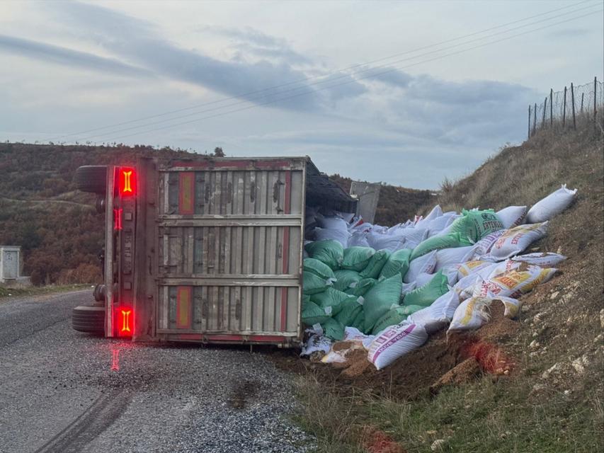 Yem yüklü tır devrildi: 1 yaralı