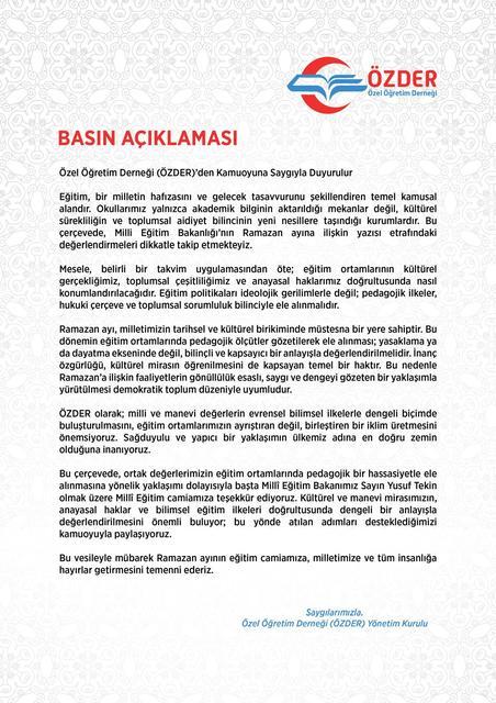 ÖZDER’den Ramazan ayı açıklaması: Eğitim ortamlarında kültürel değerler vurgusu